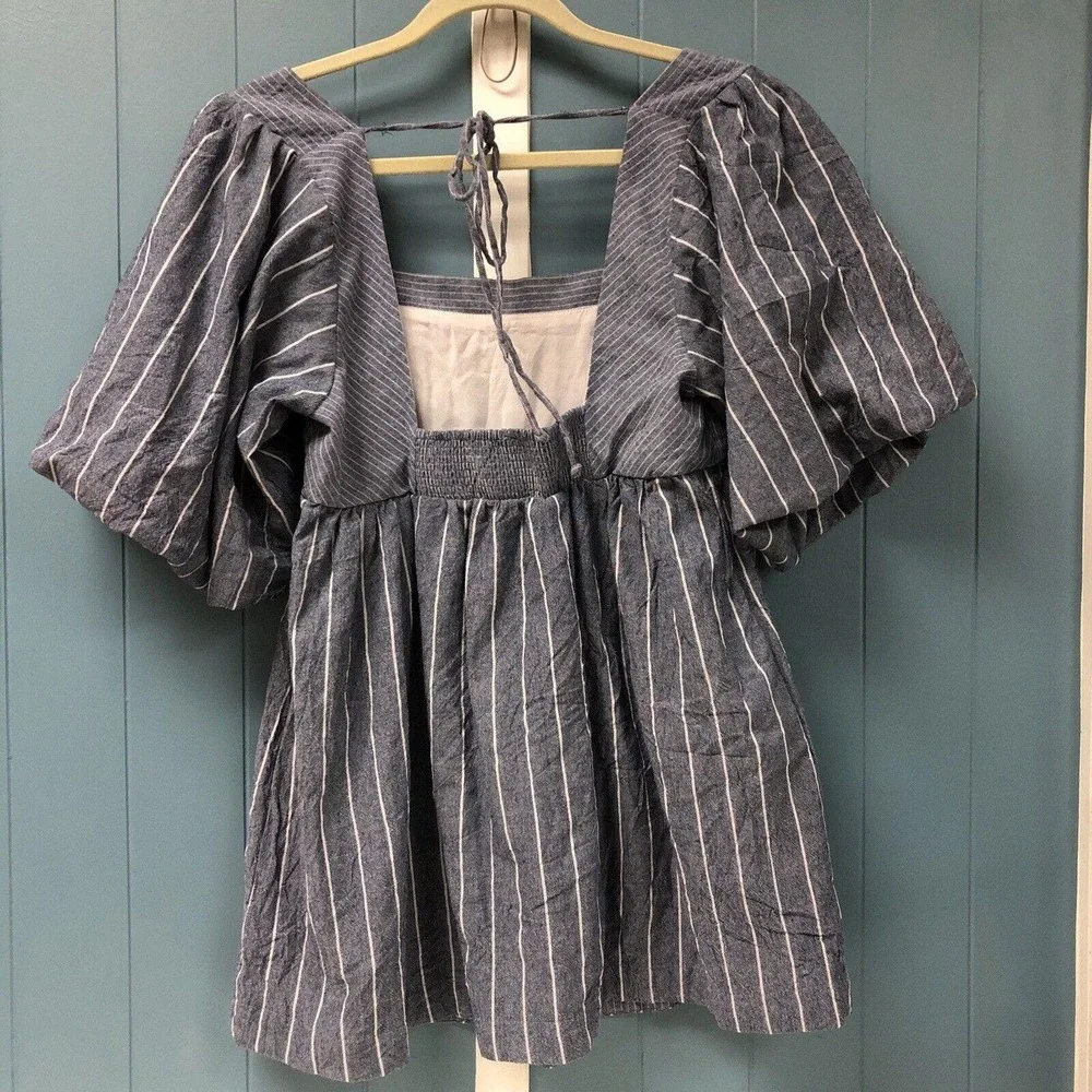 Free People Blue‎ Striped Chambray Women's Gigi Tunic Size S Small